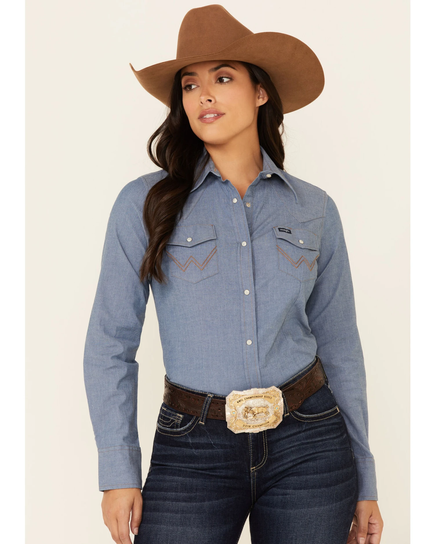 Wrangler Women's Solid Chambray Denim Long Sleeve Snap Western Core Shirt 1 Wrangler Women's Solid Chambray Denim Long Sleeve Snap Western Core Shirt