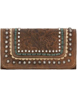 American West Women's Brown Tri-Fold Leather Wallet 