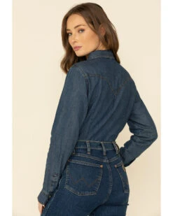 Wrangler Women's Dark Denim Washed Long Sleeve Pearl Snap Western Shirt  -Velora Studio Shop 2000332587 400 P3