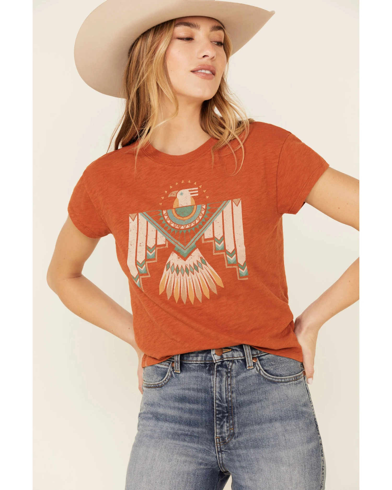 White Crow Women's Flocked Thunderbird Graphic Rolled Cuff Short Sleeve Tee 1 White Crow Women's Flocked Thunderbird Graphic Rolled Cuff Short Sleeve Tee