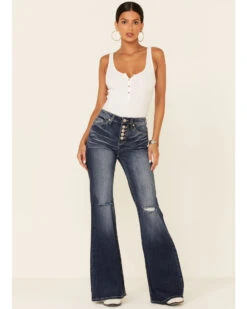 Shyanne Women's Dark High Rise Flare Distressed Knee Flare Stretch Denim Jeans