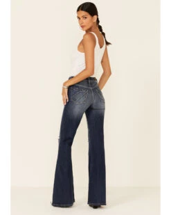 Shyanne Women's Dark High Rise Flare Distressed Knee Flare Stretch Denim Jeans -Velora Studio Shop 2000346343 401 P4