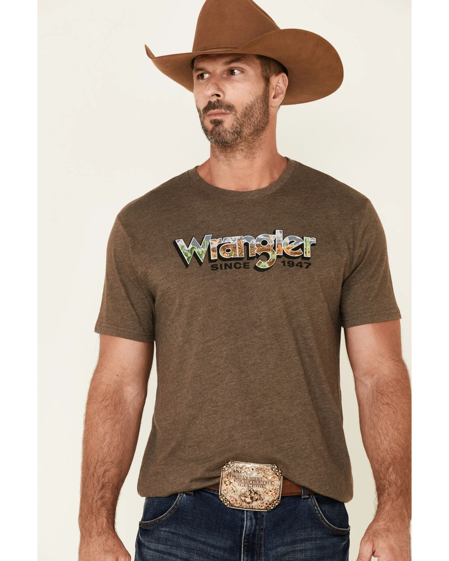 Wrangler Men's Heather Brown Desert Logo Short Sleeve T-Shirt 1 Wrangler Men's Heather Brown Desert Logo Short Sleeve T-Shirt