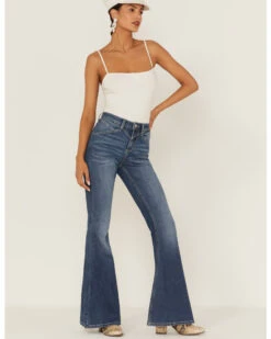 Shyanne Women's Medium Dark Wash High Rise Seam Detail Flare Jeans