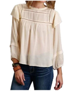 Stetson Women's Cream Herringbone Pleated Long Sleeve Blouse Top 