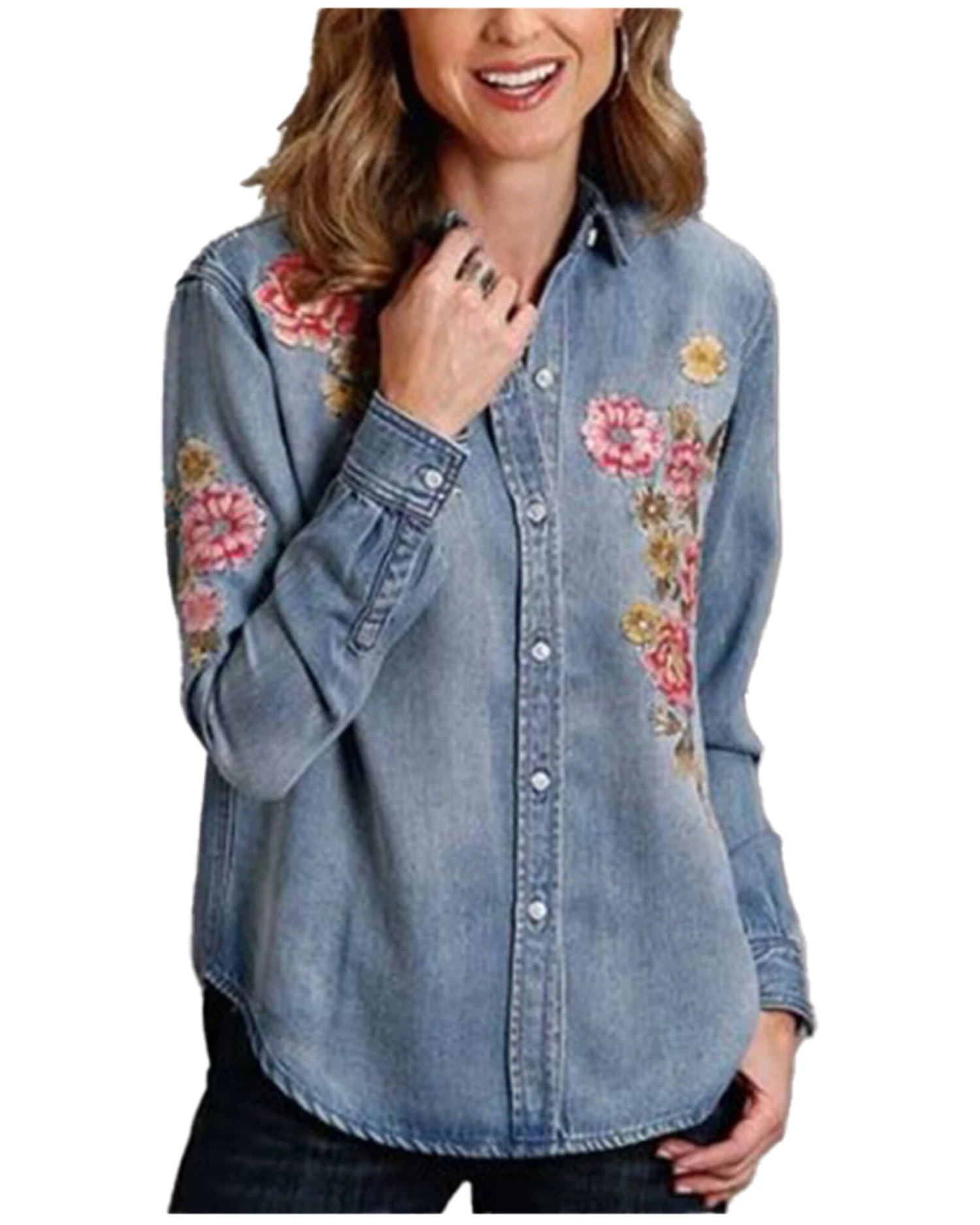 Stetson Women's Blue Denim Embroidered Long Sleeve Button Down Blouse Shirt 1 Stetson Women's Blue Denim Embroidered Long Sleeve Button Down Blouse Shirt