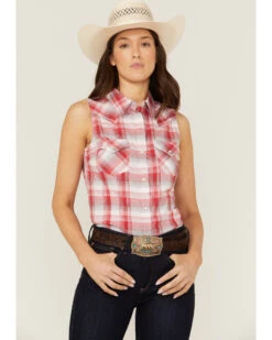 Wrangler Women's Americana Plaid Print Sleeveless Western Snap Shirt