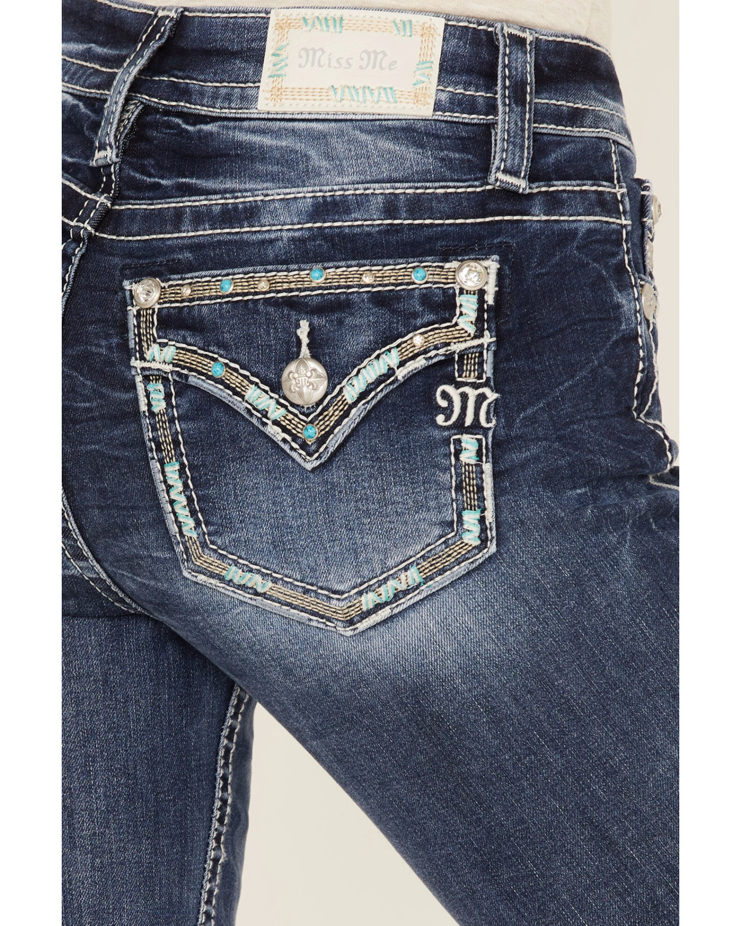 Miss Me Women's Medium Wash Embroidered Turquoise Stone Bootcut Jeans - Long 2 Miss Me Women's Medium Wash Embroidered Turquoise Stone Bootcut Jeans - Long - Image 2