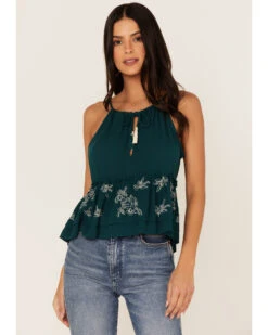 Shyanne Women's Embroidered Floral Keyhole Tank