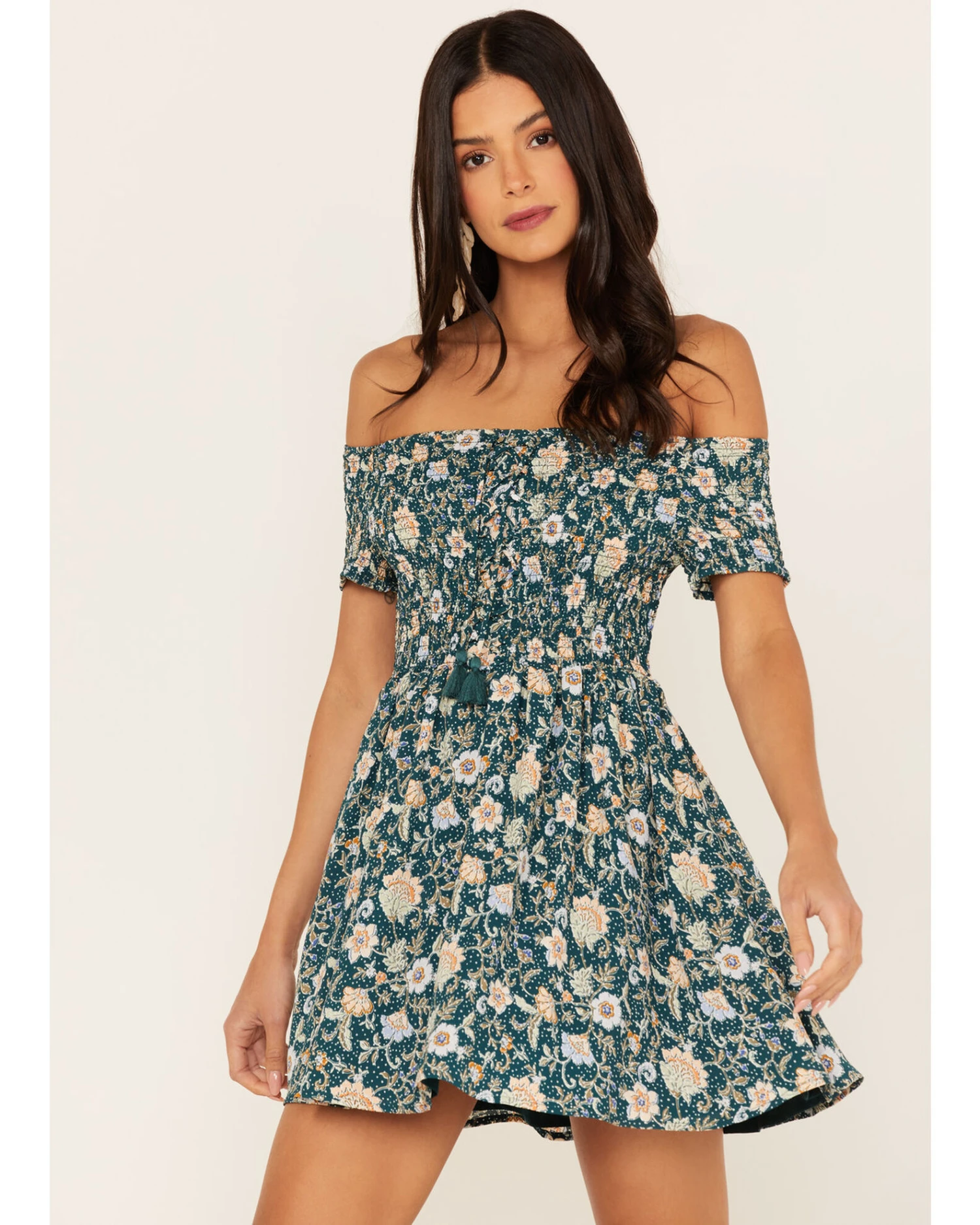 Shyanne Women's Floral Print Smocked Off Shoulder Dress 1 Shyanne Women's Floral Print Smocked Off Shoulder Dress