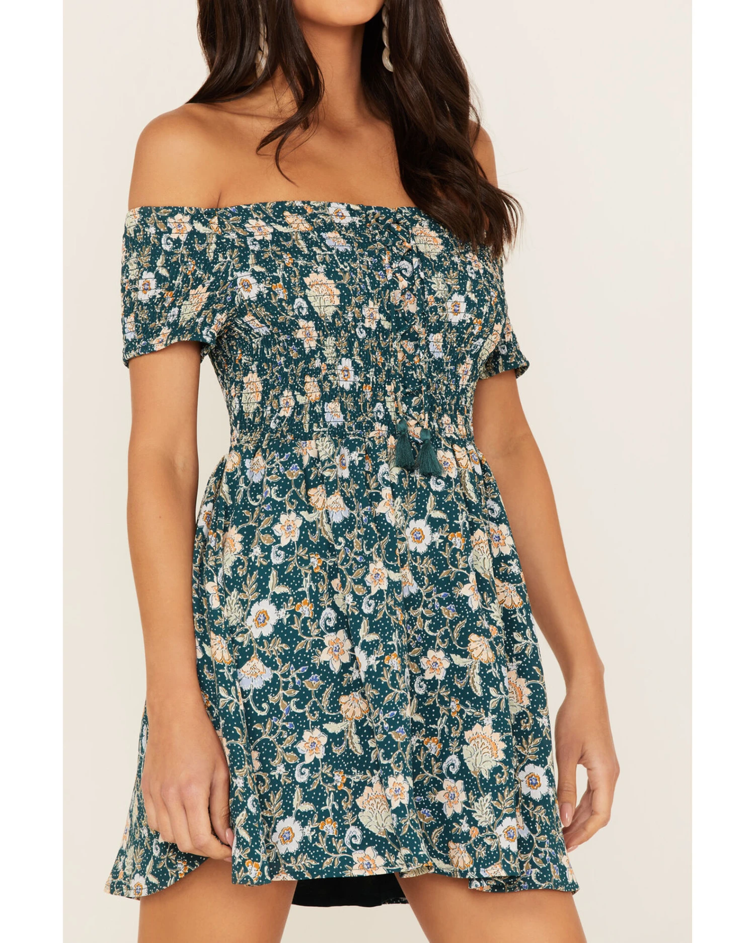 Shyanne Women's Floral Print Smocked Off Shoulder Dress 3 Shyanne Women's Floral Print Smocked Off Shoulder Dress - Image 3