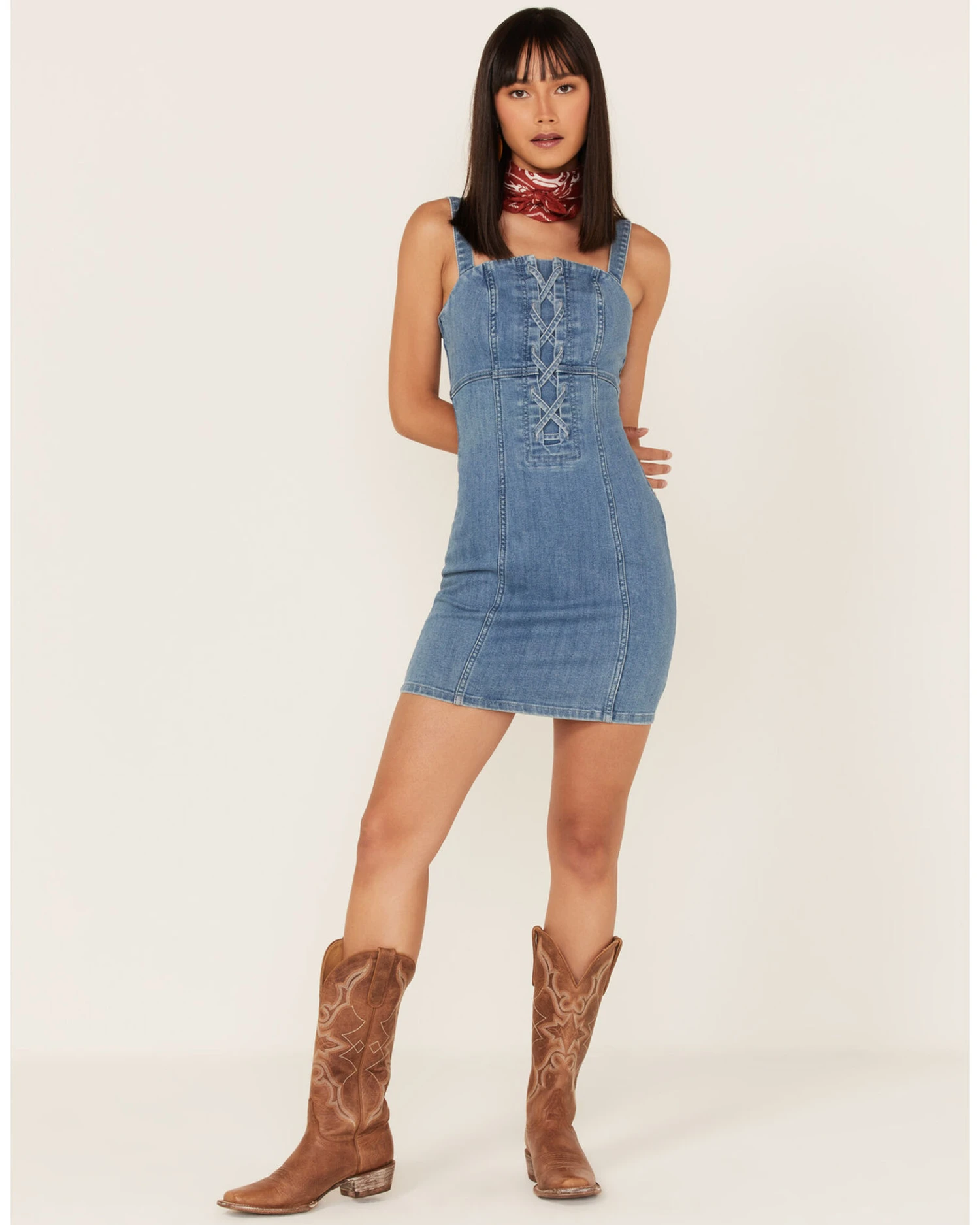 Shyanne Women's Light Wash Lace-Up Denim Mini Dress 2 Shyanne Women's Light Wash Lace-Up Denim Mini Dress - Image 2