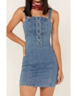 Shyanne Women's Light Wash Lace-Up Denim Mini Dress 6 Shyanne Women's Light Wash Lace-Up Denim Mini Dress -Velora Studio Shop 2000364775 412 P3
