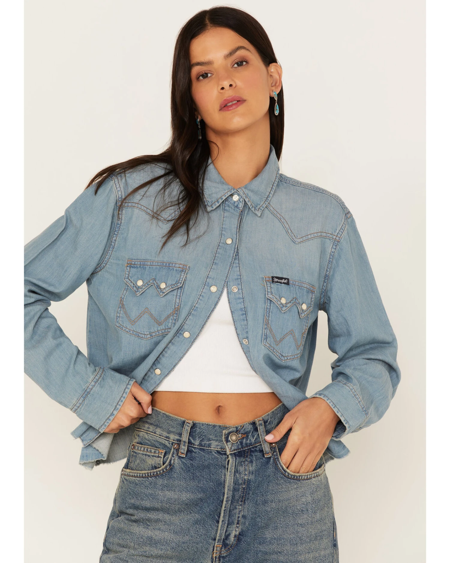 Wrangler Retro Women's Denim Frayed Long Sleeve Snap Western Shirt 1 Wrangler Retro Women's Denim Frayed Long Sleeve Snap Western Shirt