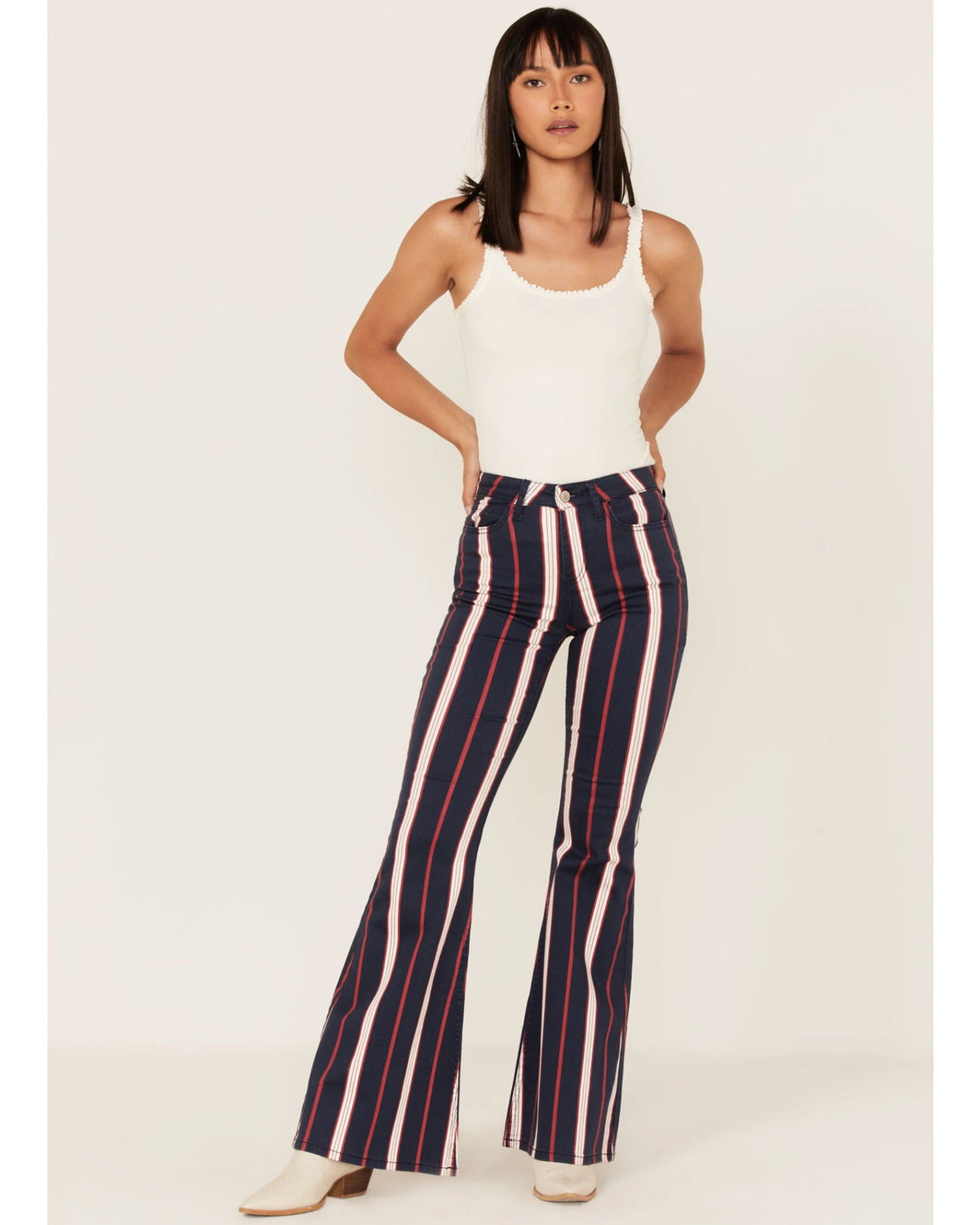 Shyanne Women's High Rise Stripe Super Flare Jeans 1 Shyanne Women's High Rise Stripe Super Flare Jeans
