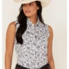 Rough Stock By Panhandle Women's Floral Paisley Print Sleeveless Snap Western Core Shirt
