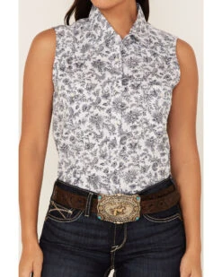 Rough Stock By Panhandle Women's Floral Paisley Print Sleeveless Snap Western Core Shirt -Velora Studio Shop 2000368523 100 P3