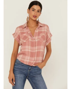 Wild Moss Women's Plaid Print Short Sleeve Shirt