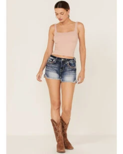 Miss Me Women's Dark Wash Southwestern Arrow Rhinestone Embroidered Denim Shorts -Velora Studio Shop 2000369031 414 P3