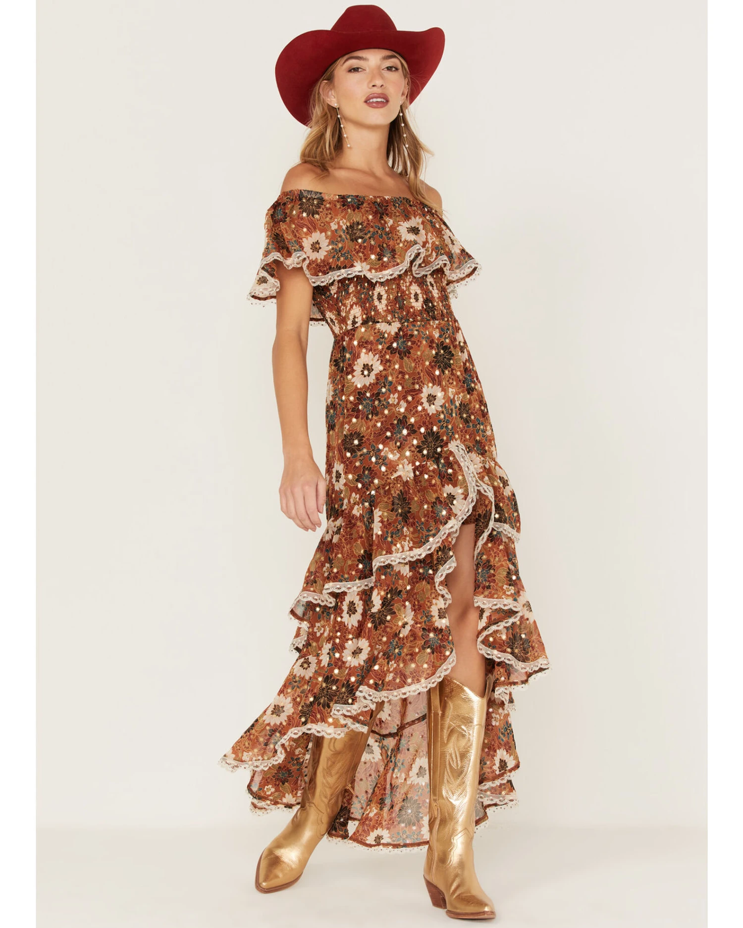 Shyanne Women's Floral Print Off-Shoulder Ruffle Maxi Dress 1 Shyanne Women's Floral Print Off-Shoulder Ruffle Maxi Dress