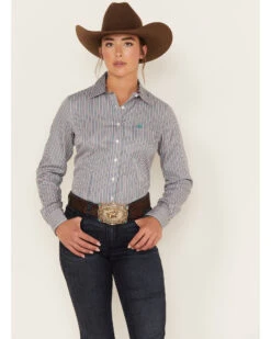 Cinch Women's Striped Geo Print Long Sleeve Button Down Shirt