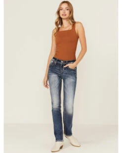 Miss Me Women's Dark Wash Mid Rise Embroidered Fleur De Lis Jeans -Velora Studio Shop 2000378173 401 P3