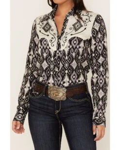 Roper Women's Southwestern Diamond Print Long Sleeve Snap Western Shirt -Velora Studio Shop 2000378231 001 P3
