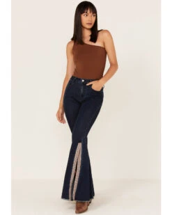 Saints & Hearts Women's Dark Wash High Rise Embroidered Slit Flare Jeans