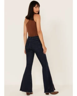 Saints & Hearts Women's Dark Wash High Rise Embroidered Slit Flare Jeans -Velora Studio Shop 2000379209 400 P3