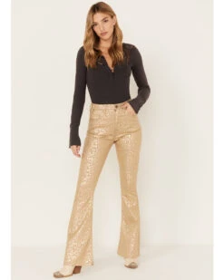 Rock & Roll Denim Women's Metallic Leopard Print High Rise Stretch Flare Jeans
