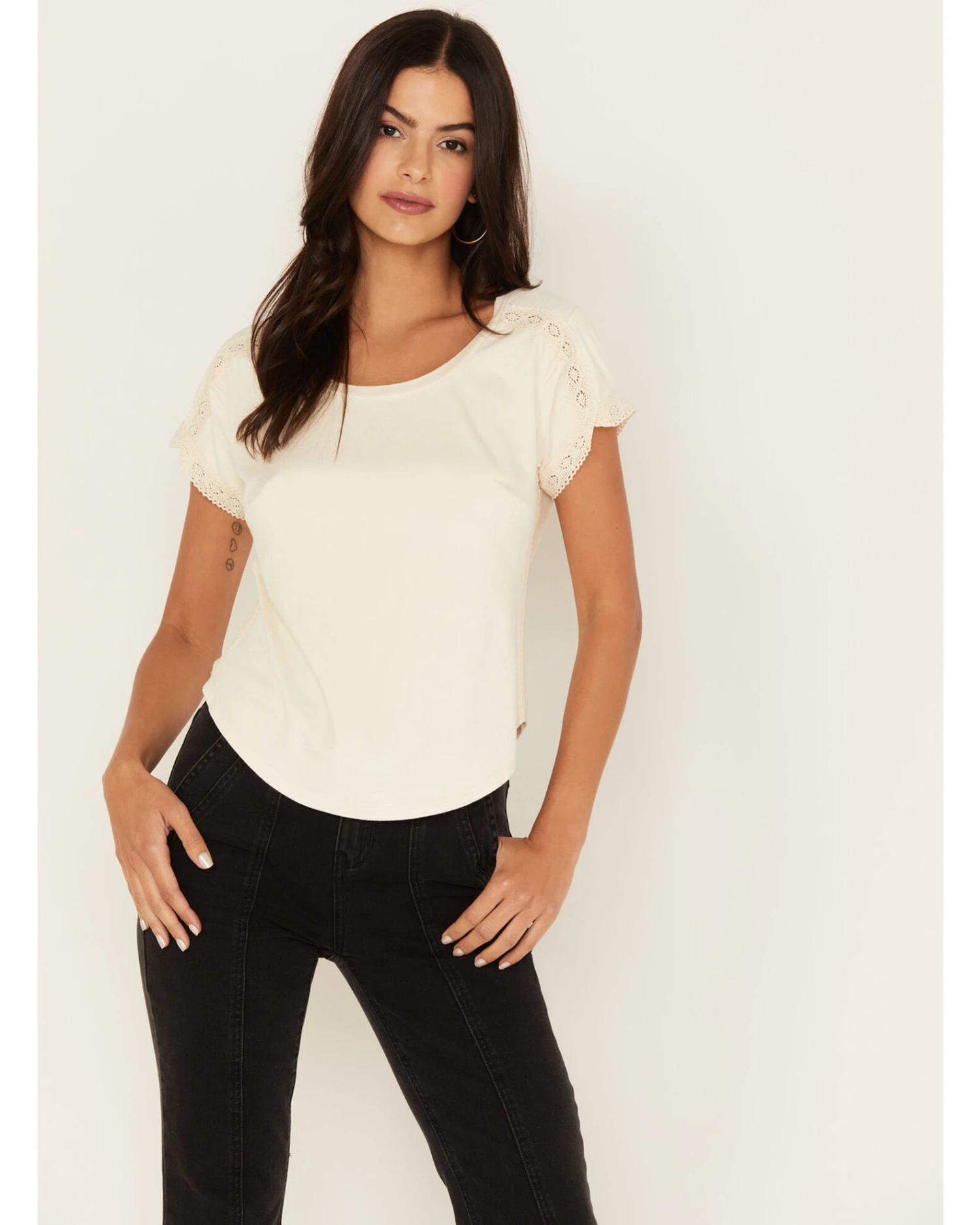 Shyanne Women's Crochet Trim Short Sleeve Faux Suede Tee 1 Shyanne Women's Crochet Trim Short Sleeve Faux Suede Tee