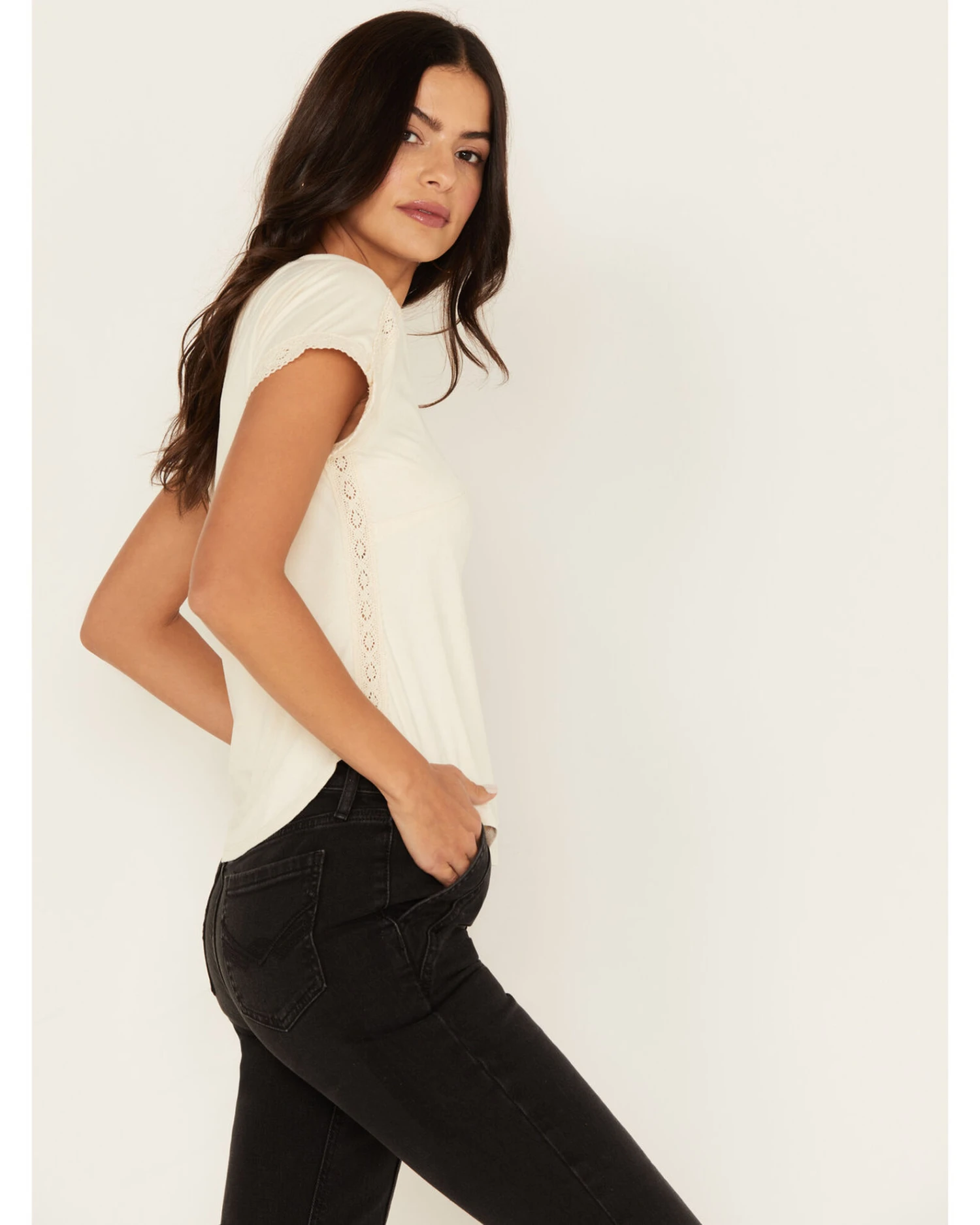 Shyanne Women's Crochet Trim Short Sleeve Faux Suede Tee 2 Shyanne Women's Crochet Trim Short Sleeve Faux Suede Tee - Image 2