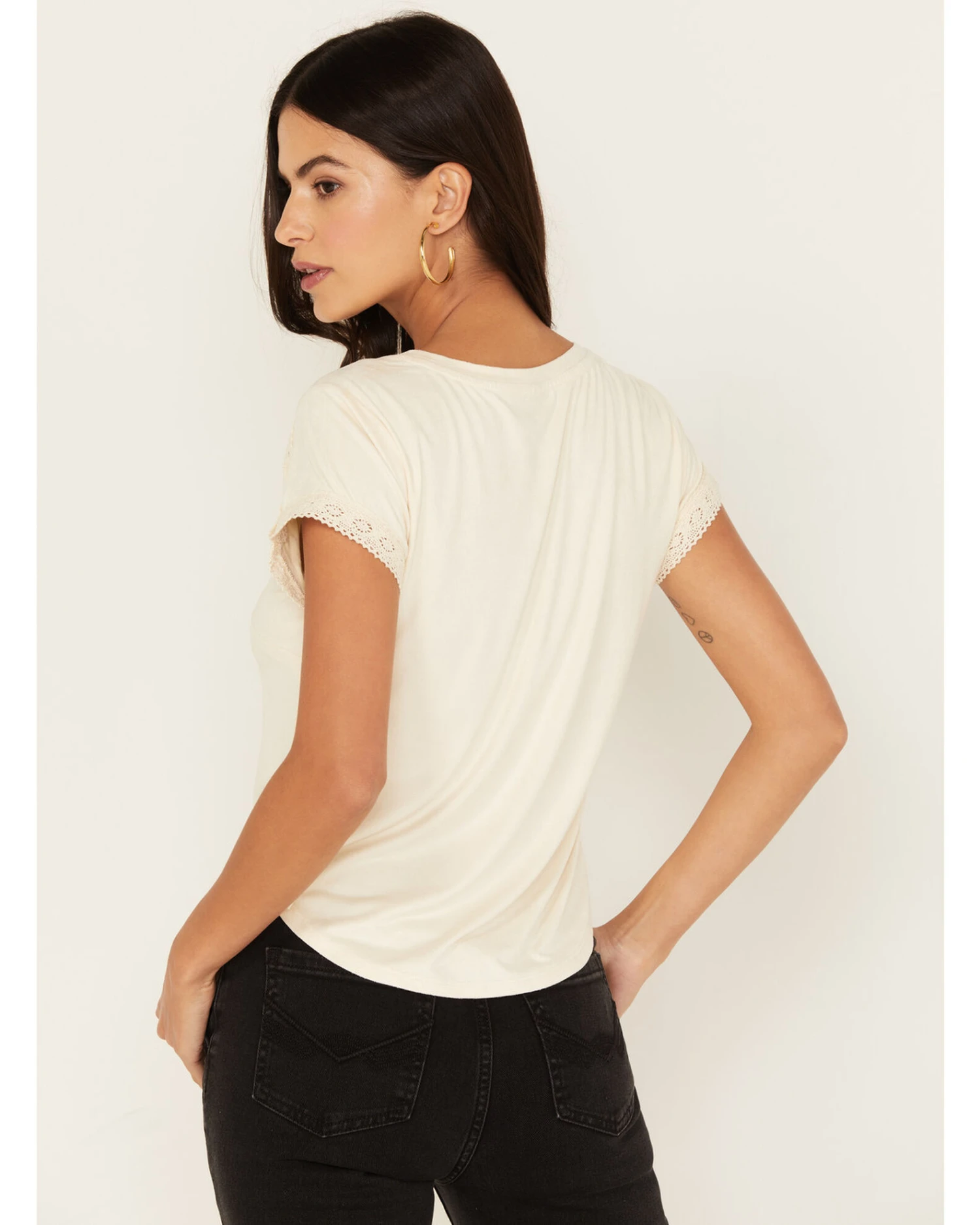 Shyanne Women's Crochet Trim Short Sleeve Faux Suede Tee 4 Shyanne Women's Crochet Trim Short Sleeve Faux Suede Tee - Image 4