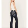 Miss Me Women's Dark Wash Mid Rise Velvet Rhinestone Embroidered Bootcut Jeans