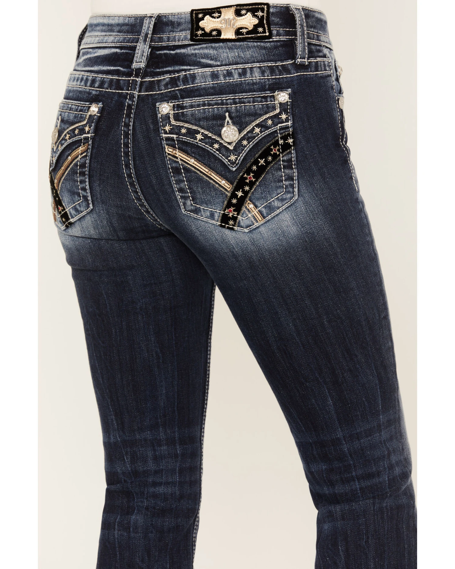 Miss Me Women's Dark Wash Mid Rise Velvet Rhinestone Embroidered Bootcut Jeans 2 Miss Me Women's Dark Wash Mid Rise Velvet Rhinestone Embroidered Bootcut Jeans - Image 2
