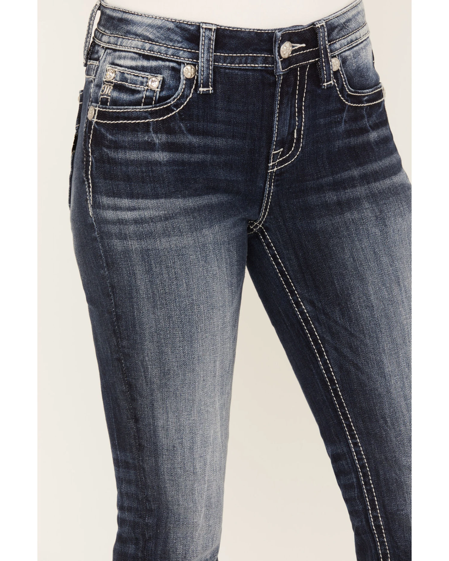 Miss Me Women's Dark Wash Mid Rise Velvet Rhinestone Embroidered Bootcut Jeans 4 Miss Me Women's Dark Wash Mid Rise Velvet Rhinestone Embroidered Bootcut Jeans - Image 4