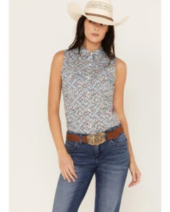Wrangler Women's Floral Paisley Print Woven Sleeveless Snap Western Shirt