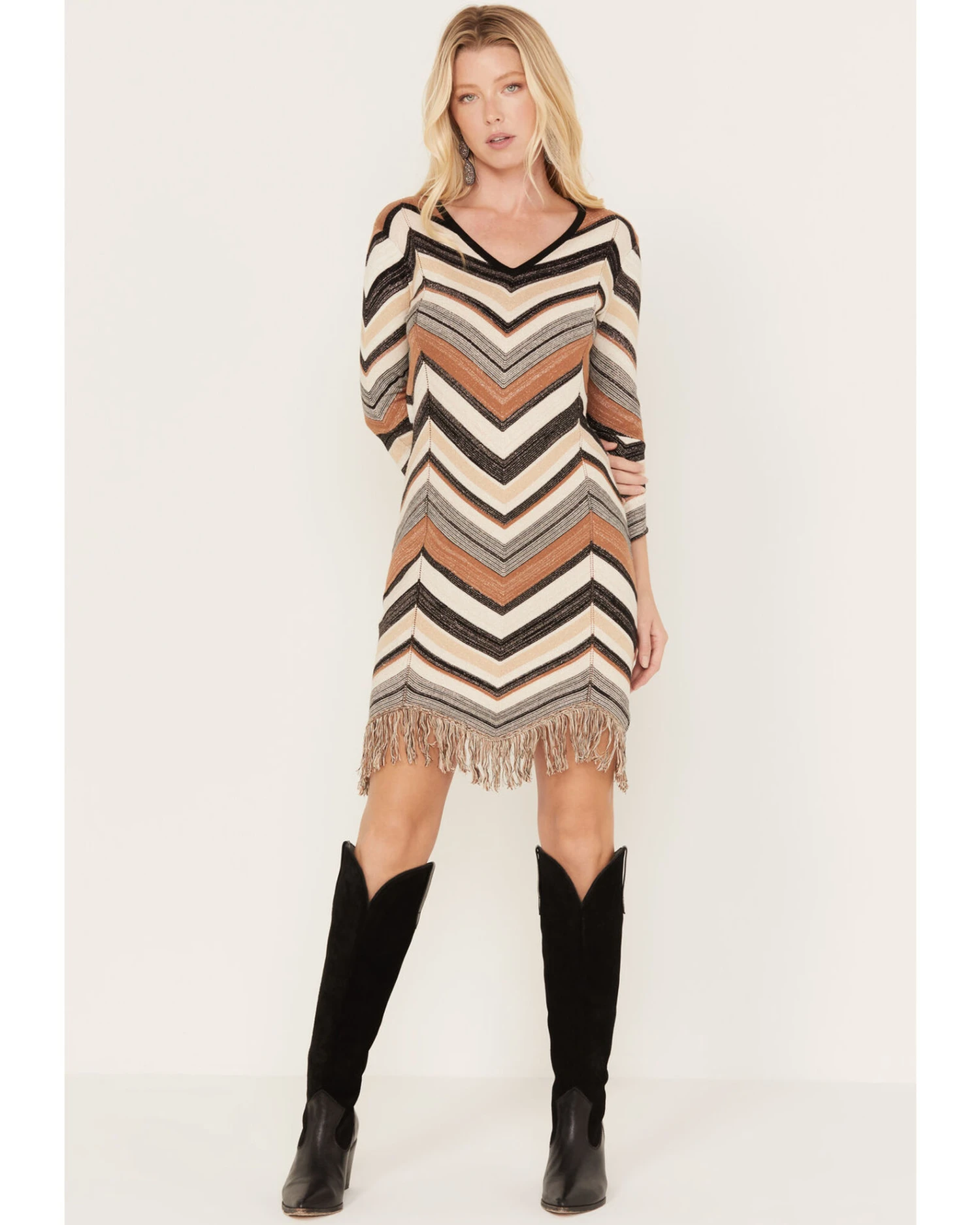 Shyanne Women's Zig Zag Fringe Sweater Dress 2 Shyanne Women's Zig Zag Fringe Sweater Dress - Image 2