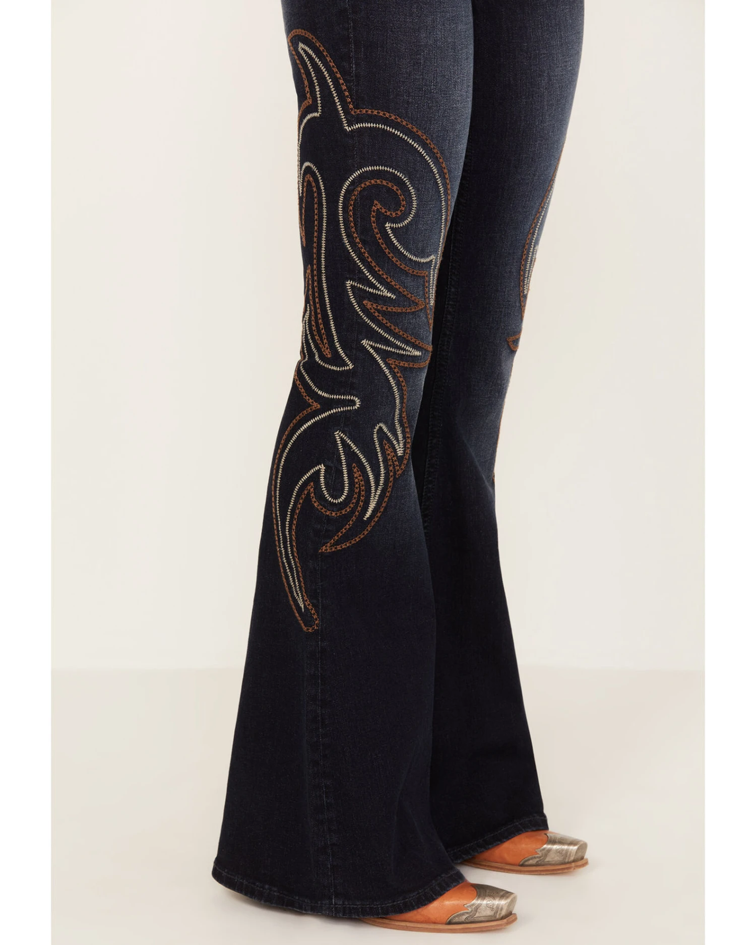 Shyanne Women's Dark Wash Mid Rise Embroidered Flare Jeans 2 Shyanne Women's Dark Wash Mid Rise Embroidered Flare Jeans - Image 2