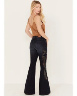 Shyanne Women's Dark Wash Mid Rise Embroidered Flare Jeans 6 Shyanne Women's Dark Wash Mid Rise Embroidered Flare Jeans -Velora Studio Shop 2000382922 415 P3