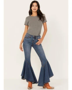 Shyanne Women's Medium Wash High Rise Ruffled Super Flare Stretch Jeans