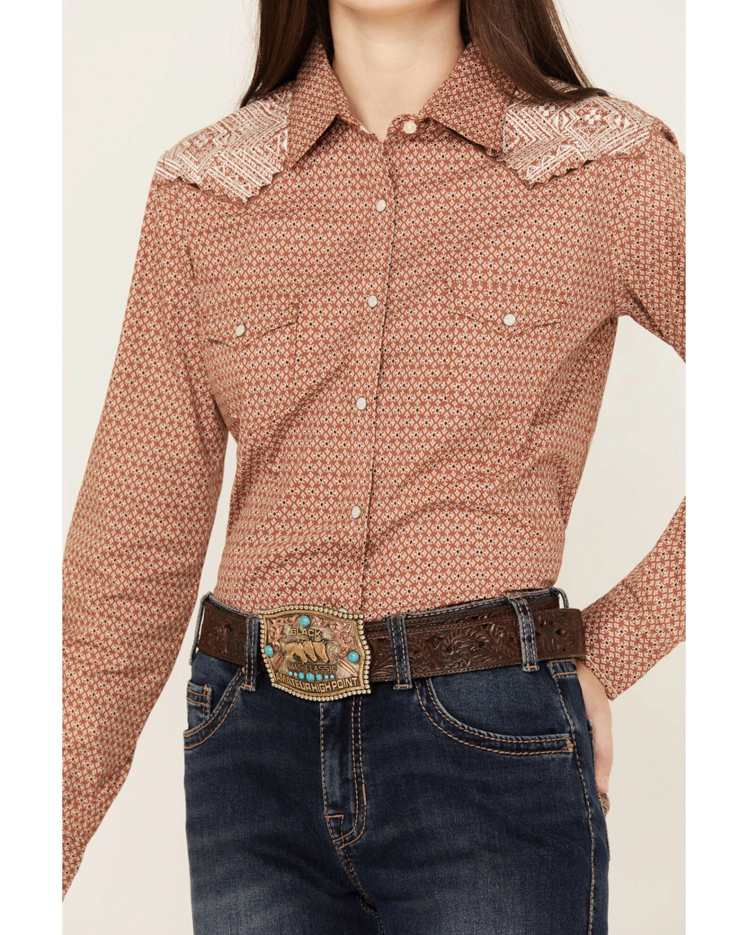 Rough Stock By Panhandle Women's Geo Print Long Sleeve Western Snap Shirt 3 Rough Stock By Panhandle Women's Geo Print Long Sleeve Western Snap Shirt - Image 3