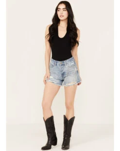 Rock & Roll Denim Women's Light Wash Mid Rise Chain Fringe Denim Shorts