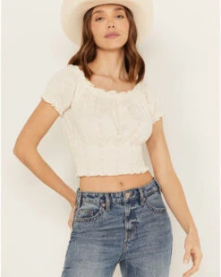 Cleo + Wolf Women's Knit Eyelet Smocked Crop Top
