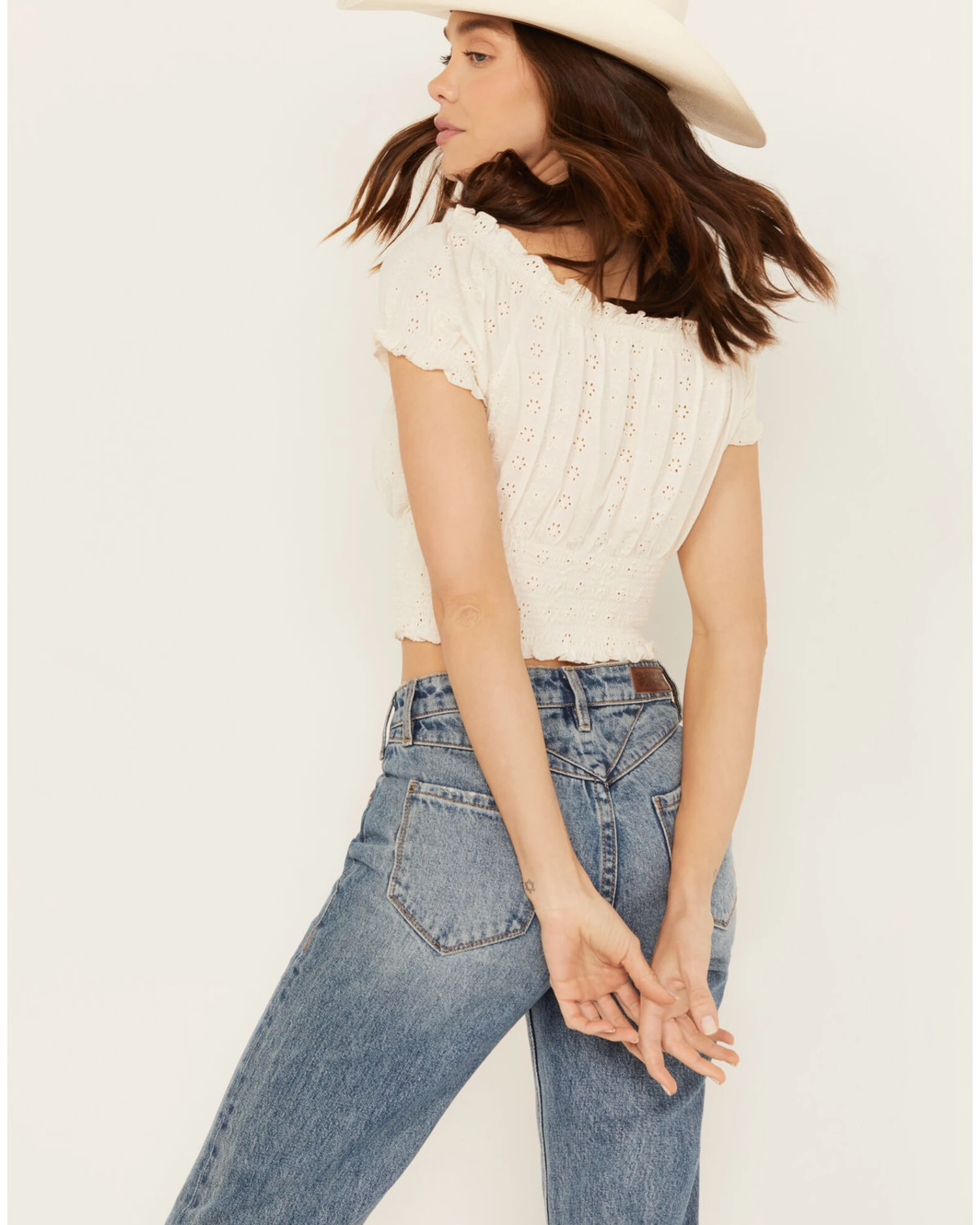 Cleo + Wolf Women's Knit Eyelet Smocked Crop Top 4 Cleo + Wolf Women's Knit Eyelet Smocked Crop Top - Image 4