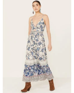 Angie Women's Knot Front Border Maxi Dress