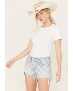 Lucky Brand Women's Light Wash Speedway Checkered Mid Rise Distressed Shorts
