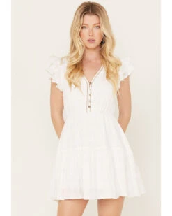 Yura Women's Button Down Ruffle Short Sleeve Mini Dress