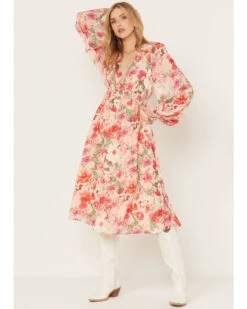 Flying Tomato Women's Floral Print Long Sleeve Midi Dress